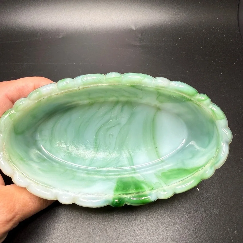 Vintage Akro Agate Green Slag Glass Oval Ribbed Planter Bowl Made in USA 6x3x2.5 - Picture 2 of 5